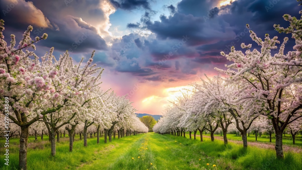 Blooming Apple Orchard in Spring - Rows of Trees under a Cloudy Sky