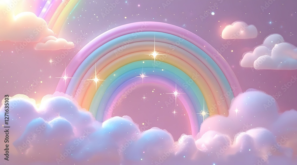 Whimsical Rainbow with Sparkling Clouds, A vibrant rainbow arching over fluffy clouds, perfect for enchanting backgrounds or design projects. Whimsical Rainbow with Sparkling Clouds, A vibrant rainbow arching over fluffy clouds, perfect for enchanting backgrounds or design projects.