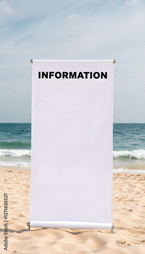 Big information advertising white banner with empty place for mockup on sandy beach, studio lighting. White tone Big information advertising white banner with empty place for mockup on sandy beach, studio lighting. White tone