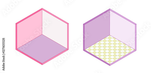 Cute vector trendy room kit. Kit for making isometric room. Set of 3d empty walls purple and pink colors
