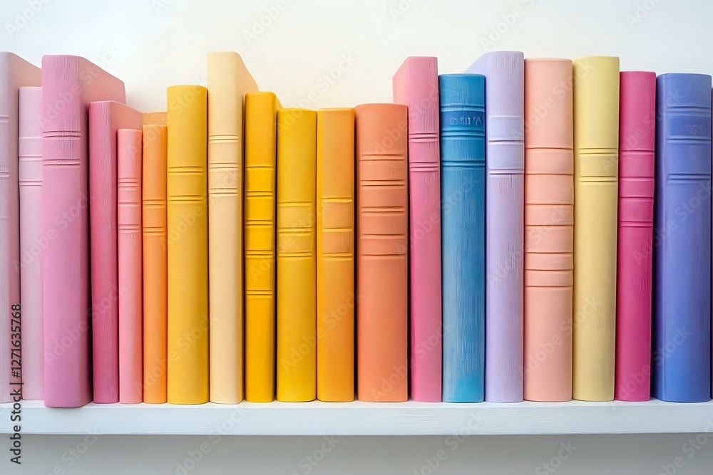 Row of colorful hardcover books arranged on white shelf, spines showing in pastel pink, yellow, orange, blue and purple tones creating rainbow effect. Row of colorful hardcover books arranged on white shelf, spines showing in pastel pink, yellow, orange, blue and purple tones creating rainbow effect.