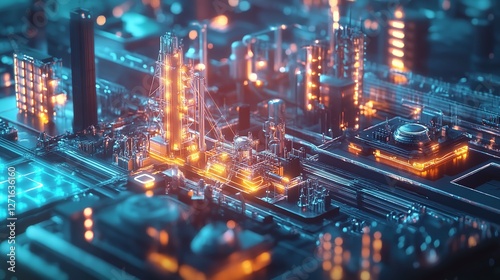 Wallpaper Mural Miniature Industrial World: A Detailed Close-Up of a Cityscape Model Embedded in a Circuit Board, Featuring Glowing Lights and Intricate Structures, Representing Technology, Urban Development, and the Torontodigital.ca