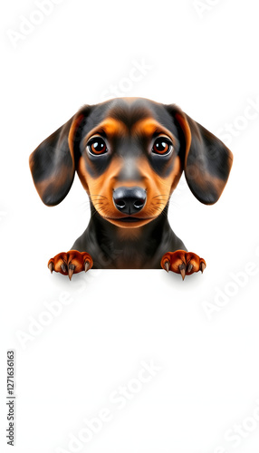 dachshund puppy above white banner. isolated on white background. Space for text, digital art. White tone