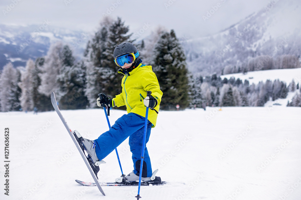 Happy family with kids in winter ski resort, skiing winter time Happy family with kids in winter ski resort, skiing winter time