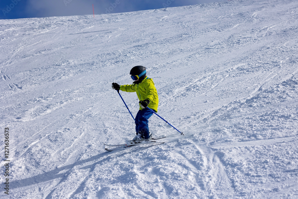 Happy family with kids in winter ski resort, skiing winter time Happy family with kids in winter ski resort, skiing winter time