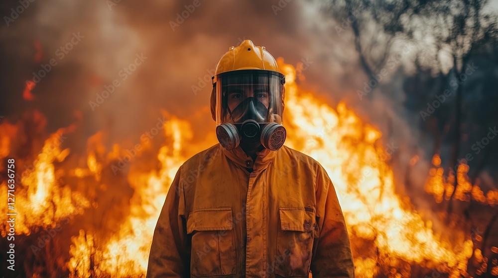 A firefighter wearing a helmet and mask stands in front of a raging wildfire. A firefighter wearing a helmet and mask stands in front of a raging wildfire.