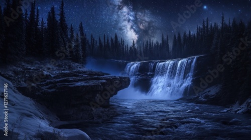 Majestic waterfall cascading under a breathtaking night sky, illuminated by the Milky Way, surrounded by snow-covered pine trees.