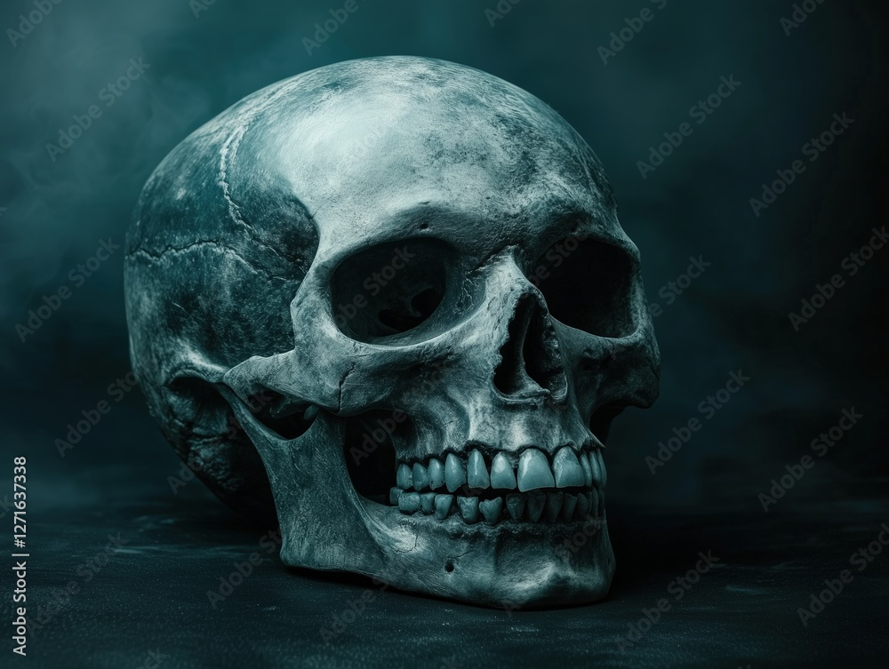 A detailed human skull displayed against a dark, moody background. A detailed human skull displayed against a dark, moody background.