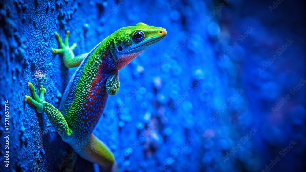 Fototapeta premium Bluetail Day Gecko (Phelsuma cepediana) Night Photography, Vertical Wall, La Gaulette, Mauritius