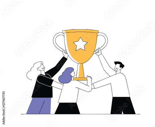 business people with trophy winners on pedestal, people, illustration, team, business