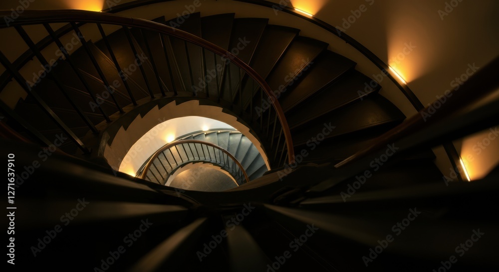 Fototapeta premium Spiral staircase viewed from above, showcasing elegant design and lighting