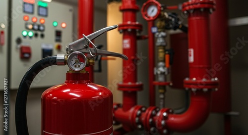 Red fire extinguisher mounted on wall near industrial pipeline system. Emergency firefighting equipment in commercial building. Safety system for fire protection