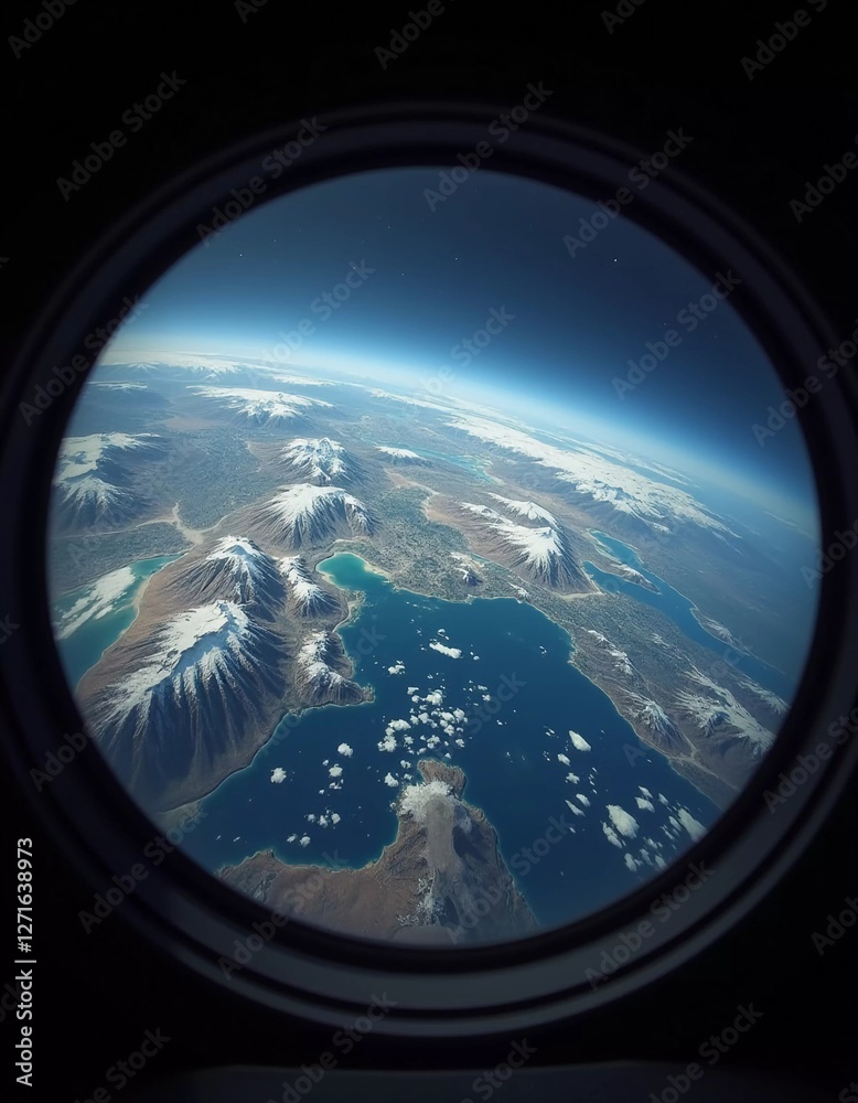 Fototapeta premium Observing planet Earth through a porthole reveals a breathtaking view of snow-capped mountains, serene oceans, and scattered clouds, highlighting the planet beauty from above. Generative AI