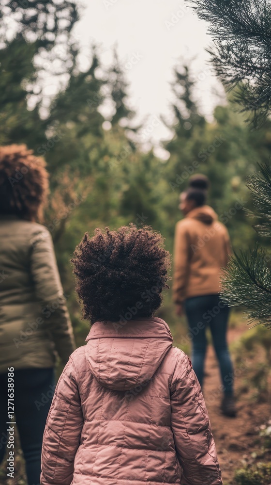 Two adults and a child walk through a green forest, enjoying nature and each other's company Two adults and a child walk through a green forest, enjoying nature and each other's company