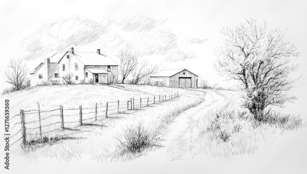 Realistic Pencil Sketch of a Rustic Barn with Country Road and Trees in a Rural Landscape Realistic Pencil Sketch of a Rustic Barn with Country Road and Trees in a Rural Landscape