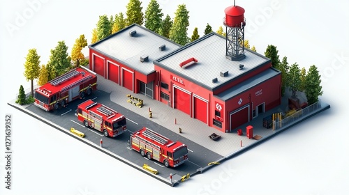 Isometric illustration of a fire station with fire trucks and surrounding landscape.