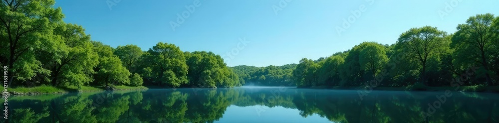 Dense forest of trees reflected in a clear blue sky, nature, serene Dense forest of trees reflected in a clear blue sky, nature, serene