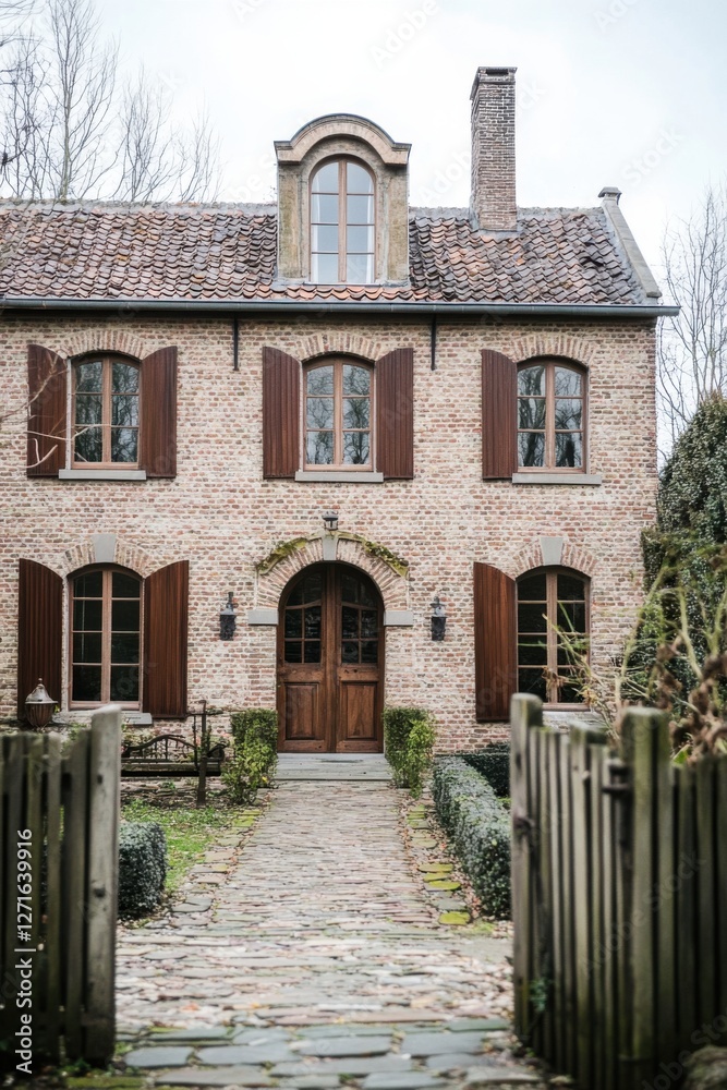 Fototapeta premium Nestled in a tranquil neighborhood, this picturesque brick house features charming wooden shutters and is enveloped by lush greenery on a cloudy day