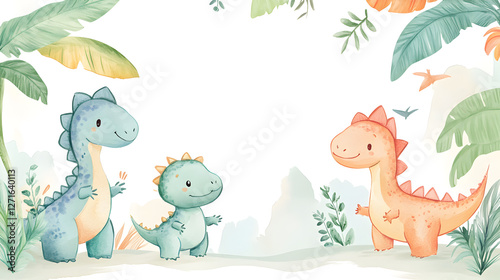 Fototapeta Naklejka Na Ścianę i Meble -  un fondo adorable y tierno para invitacion de cumpleaños de bebe o baby shower festejo en colores pastel con dinosaurios de dibujo bebes
