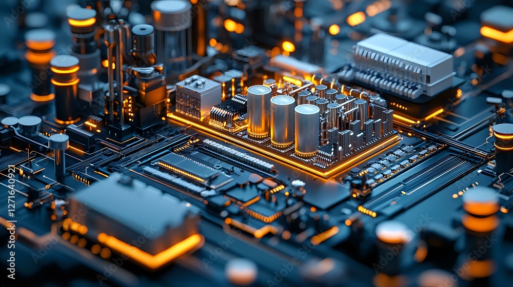 Macro view of electronic circuit board with glowing orange elements and microchips, depth of field effect on dark background. Technology concept for computing. Macro view of electronic circuit board with glowing orange elements and microchips, depth of field effect on dark background. Technology concept for computing.