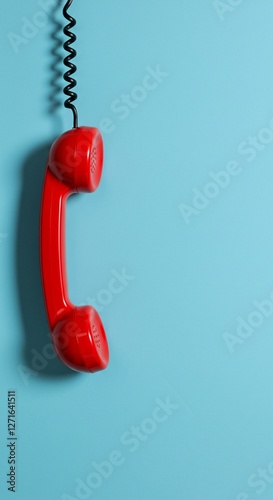 Vintage red telephone handset hanging on bright turquoise blue background. Classic retro communication device. Minimalist style. Space for text on right side