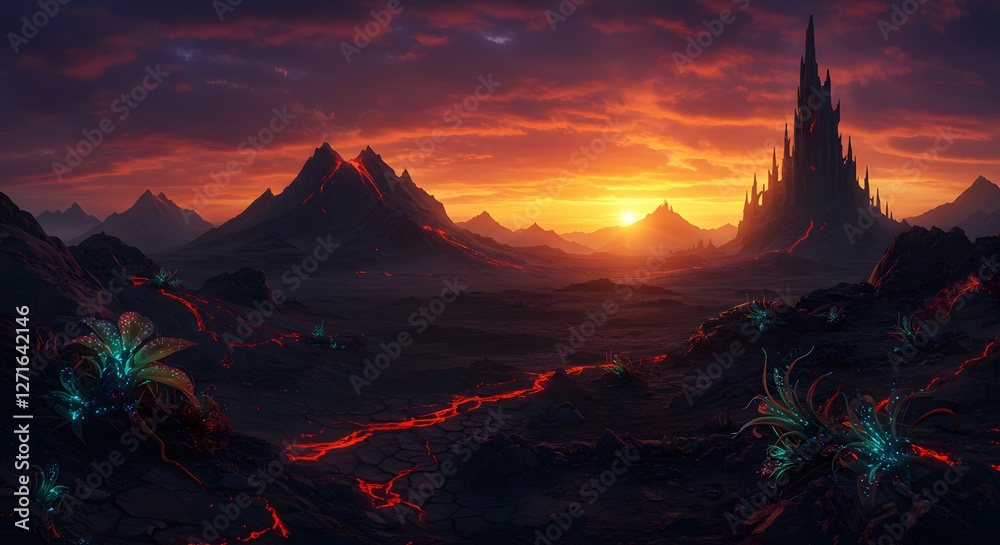 Fototapeta premium Sunset over Volcanic Landscape with Alien Flora and Castle