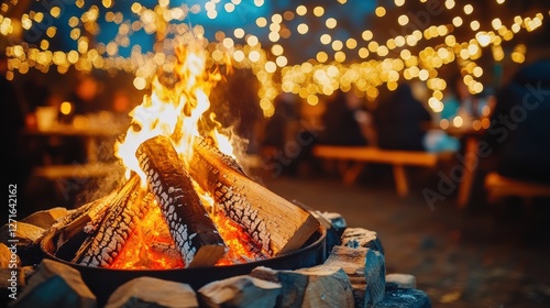 Cozy bonfire scene at night, with warm lighting and blurred background of people enjoying the evening.