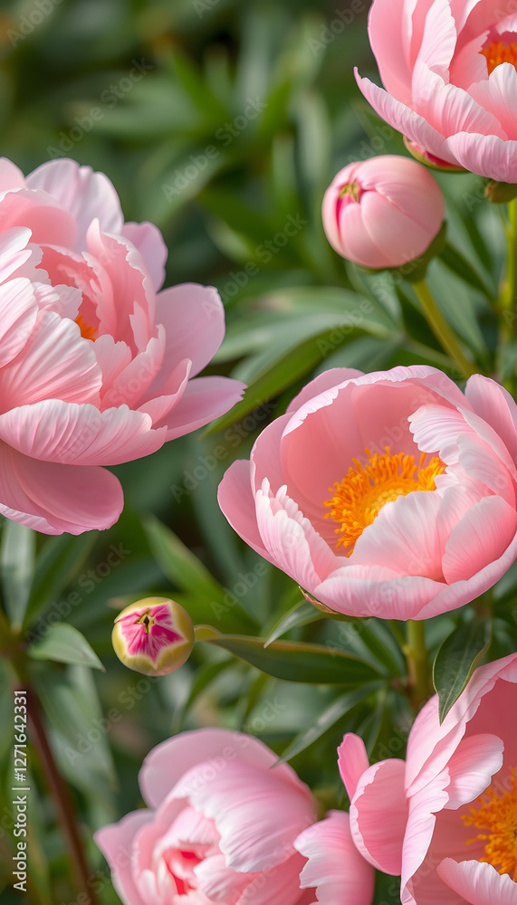 Fototapeta premium Tender light pink banner of fresh peony petals, asian style. White tone