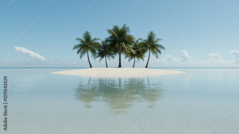 Tranquil Tropical Island with Palm Trees and Calm Blue Waters Tranquil Tropical Island with Palm Trees and Calm Blue Waters