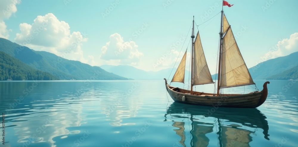 Naklejka premium Small wooden boat with three sails resting in the calm lake, stillness, relaxation