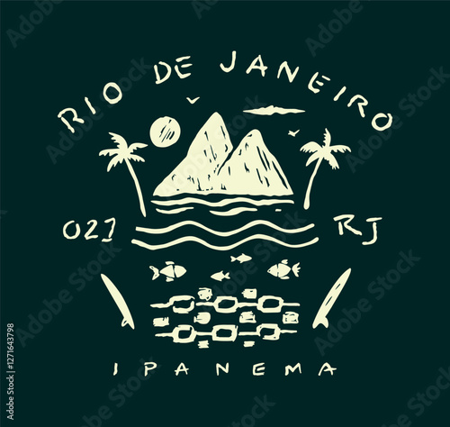 Art in a stripped-down style of composition with silhouettes alluding to the city of Rio de Janeiro, Brazil. Stylized design for prints on t-shirts, posters, etc.