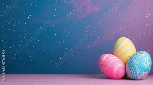 Vividly painted Easter eggs with swirling galaxyinspired colors, set against a starry spring night backdrop photo