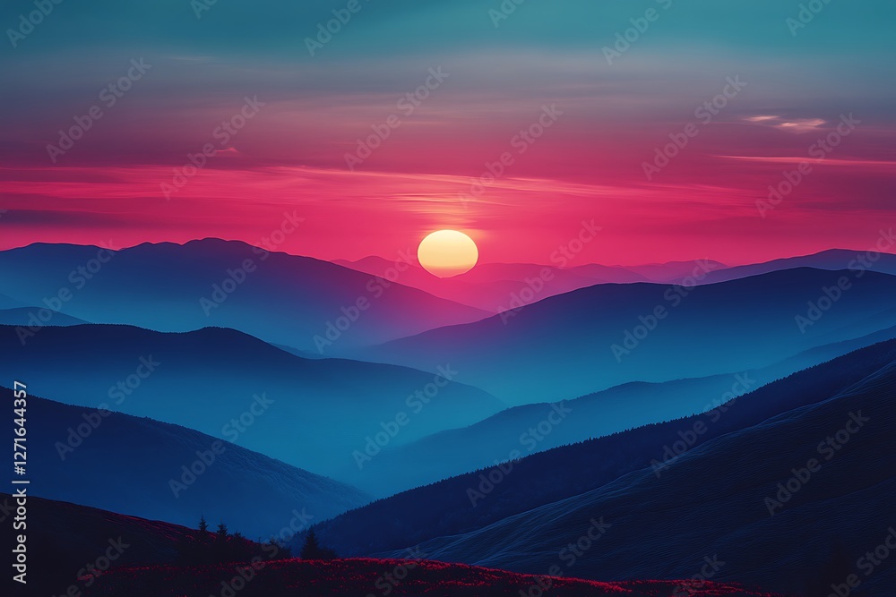 Fototapeta premium Serene sunset over rolling mountains with vibrant colors and misty valleys in the background