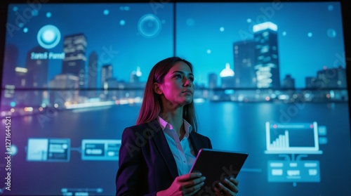 Thoughtful Businesswoman Analyzing Data on Futuristic Digital Screen in Modern Office