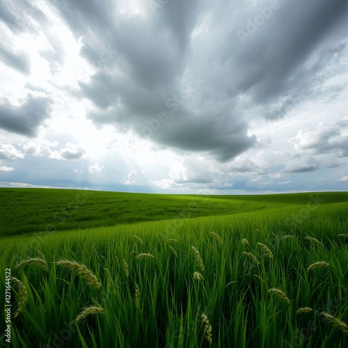 Expansive Rice Field Under Dynamic Sky