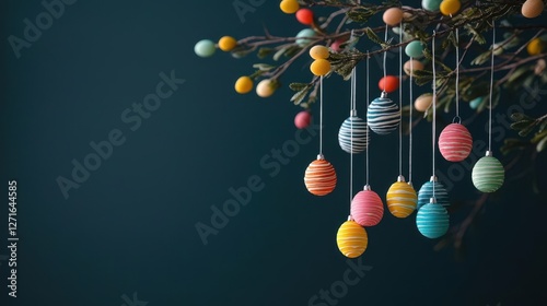 Handdipped Easter eggs with swirling tiedye colors, hanging from a festive Easter tree photo