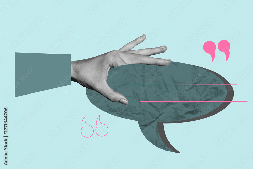 Fototapeta premium Art 3d sketch photo image collage of hand show icon conversation speech quotes text box chat notification messenger correspondence