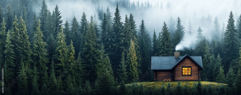 Fototapeta premium Building a cozy home forested area cabin retreat natural environment scenic viewpoint rustic charm