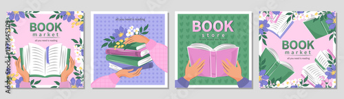 Set of banner for bookstore, library, sale in bookshop, market. People read books. Spring summer floral background. Vector illustration for poster, cover, marketing, sale.
