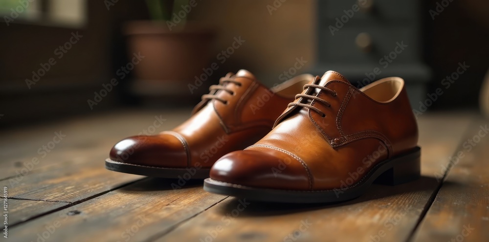 A pair of elegant, brown leather oxford shoes rests on a rustic wooden floor, reflecting the warm, inviting light. A pair of elegant, brown leather oxford shoes rests on a rustic wooden floor, reflecting the warm, inviting light.