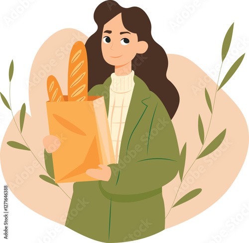 A woman holds a paper bag with a baguette in her hands. vector flat illustration