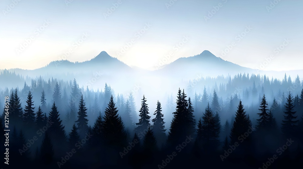 Obraz premium Misty Blue Forest and Mountain Range Landscape