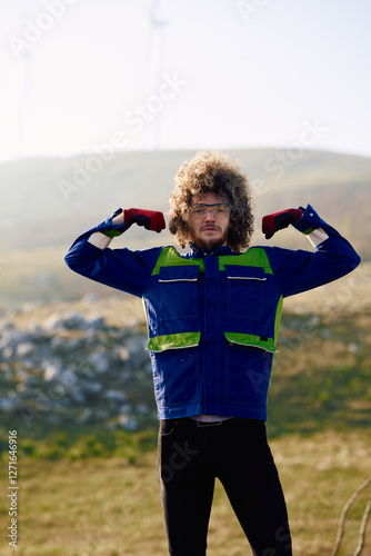 An African American Engineer Celebrates the Successful Completion of a Wind Turbine Project. photo