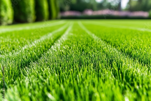 Freshly mowed lawn shows stripes of perfect alignment