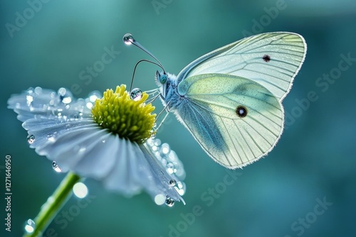 Delicate White Butterfly Perched on Flower with Dew Drops