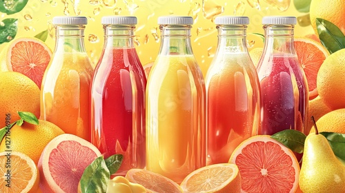 Assortment of Colorful Bottles Filled with Citrus Juices Surrounded by Fresh Fruit Against a Bright Yellow Background photo