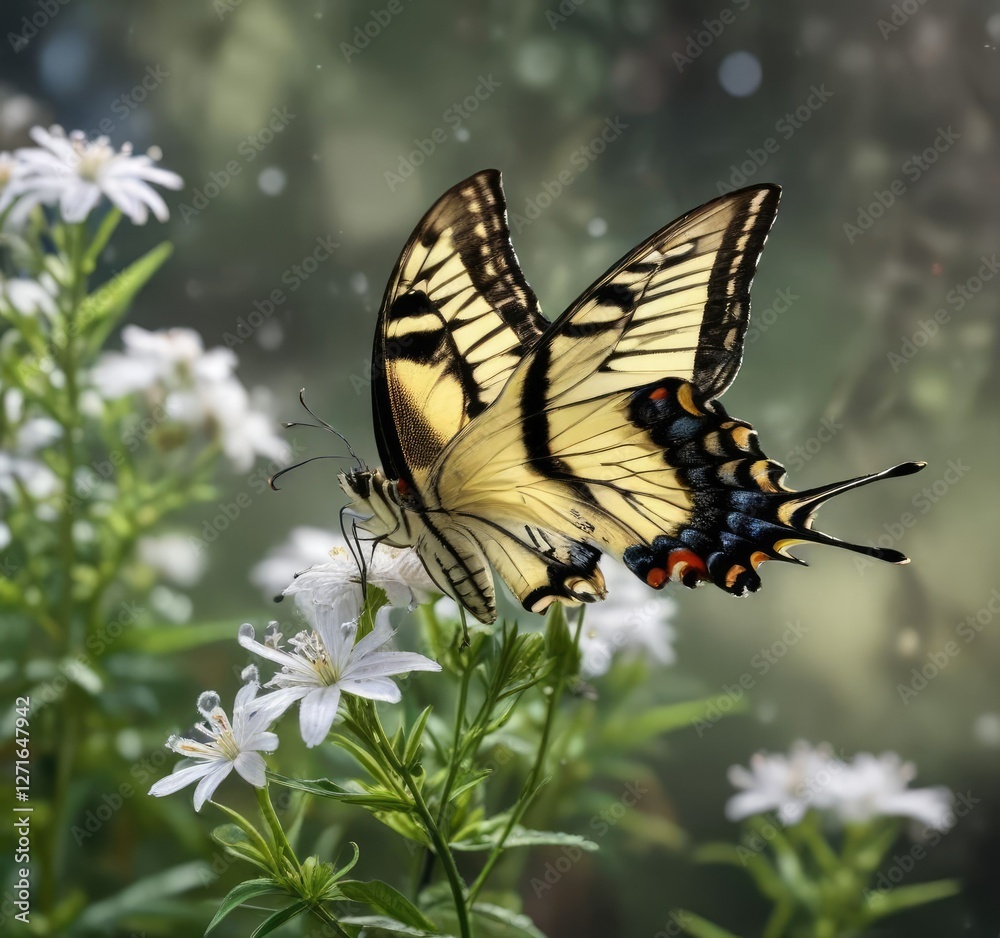 Fototapeta premium Swallowtail butterfly perched on anise with dew drops , droplets, nature