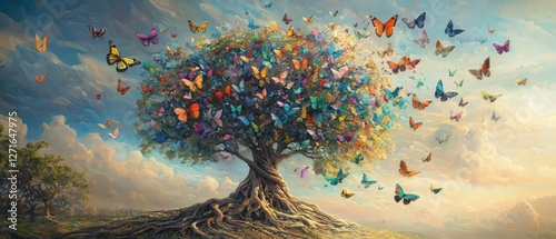 Artistic tree with sprawling roots growing into a canopy of colorful butterflies fluttering gracefully magical realism high-definition intricate textures fantasy dreamlike ambiance captivating