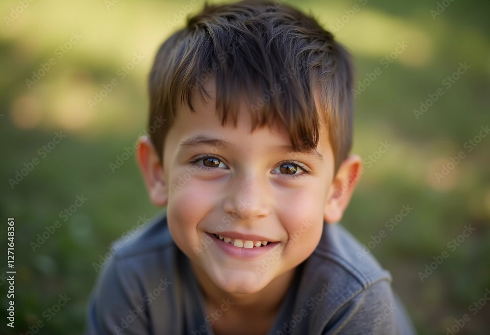 A young boy 5-10 years old, resident of USA, wearing a casual wear. His bright smile and sparkling eyes reflect a sense of joy and innocence, capturing a genuine moment of childhood. Generative AI A young boy 5-10 years old, resident of USA, wearing a casual wear. His bright smile and sparkling eyes reflect a sense of joy and innocence, capturing a genuine moment of childhood. Generative AI