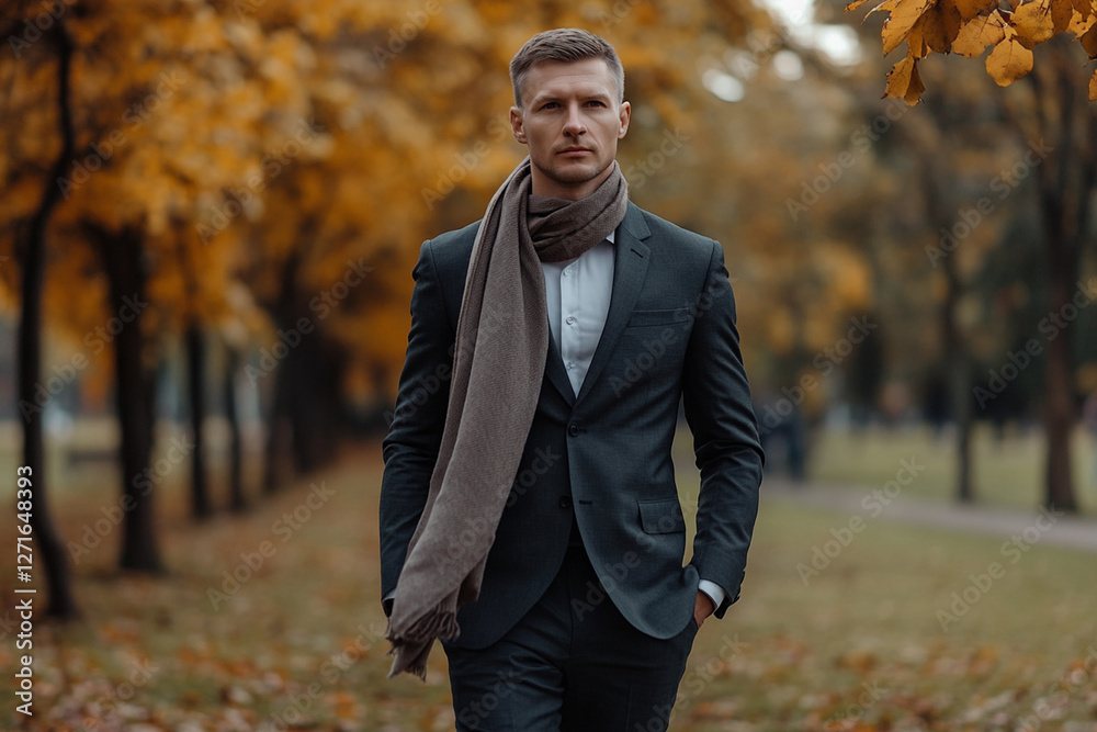 Man in suit with scarf walks in autumn park Man in suit with scarf walks in autumn park